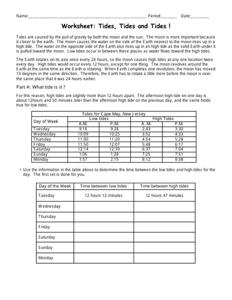 Worksheet: Tides, Tides and Tides - Mrs. Holland, Pleasant Valley High ...