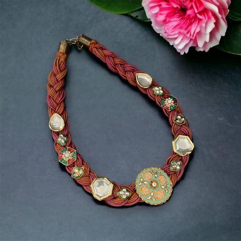 Kundan Embellished Jute Necklace Handmade Dual Tone Jute Etsy