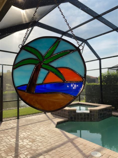 Stained Glass Suncatcher Palm Tree With Sun Over Water 7 Etsy