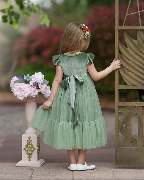 Sage Green Velvet And Tulle Flower Girl Dress Boho Flower Girl Dress