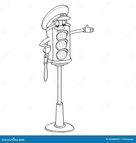 Sketch Cute Traffic Light Character In A Cap And With A Traffic Controller Stick Coloring Book