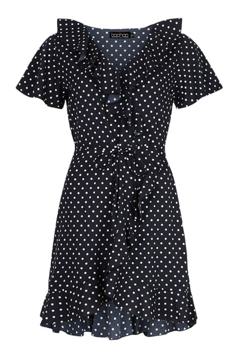 Dresses Woven Polka Dot Wrap Front Ruffle Tea Dress Boohoo