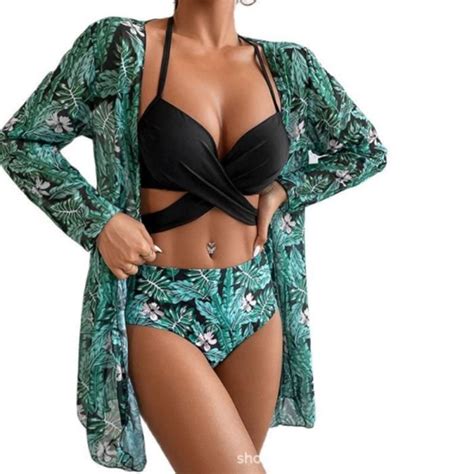 Maillots de Bain 3 pièces pour femme Bikini Folrale Taille Haute Vert