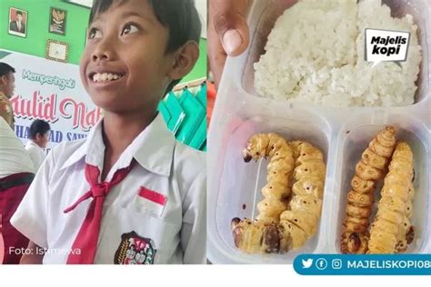 Viral Di Media Sosial Bocah SD Bawa Bekal Nasi Berisikan Ulat Sagu