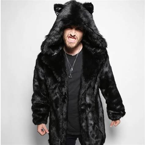 Autumn Winter Men Black Bear Ear Halloween Hooded Faux Mink Fur Coat