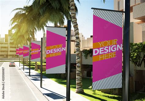 Advertising Flags on City Street Mockup Stock Template | Adobe Stock