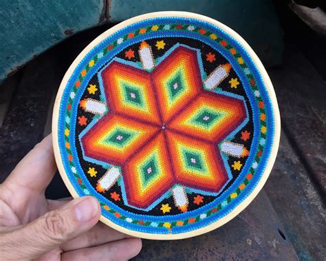 Small Huichol Beaded Gourd Medicine Bowl With Geometric Design Blue