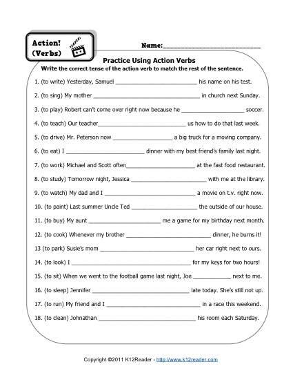 Free Action Verb Worksheets | worksheets library - Worksheets Library