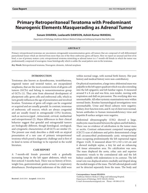 PDF Primary Retroperitoneal Teratoma With Predominant Neurogenic