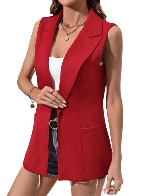 Casual Solid Vest Blazer Lapel Neck Red Women Blazers