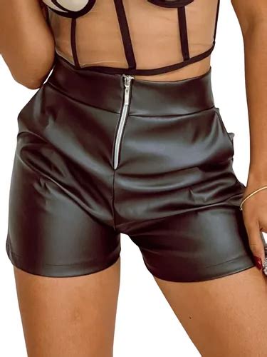 Short Feminino Couro Fake Cirre Zíper Frontal Cintura Alta Frete grátis