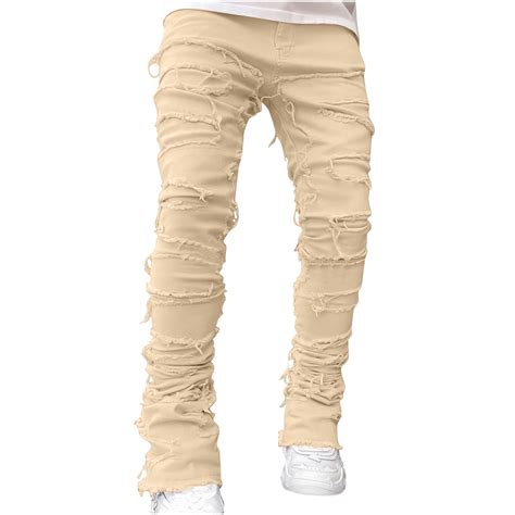 Mens Stacked Jeans Slim Fit Ripped Jeans Destroyed Straight Leg Denim Pants Harajuku Hip Hop