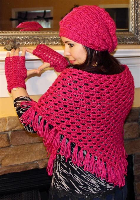 Hot Pink Crocheted Set Of Baktus Wrap Shawl Fingerless Mittens And