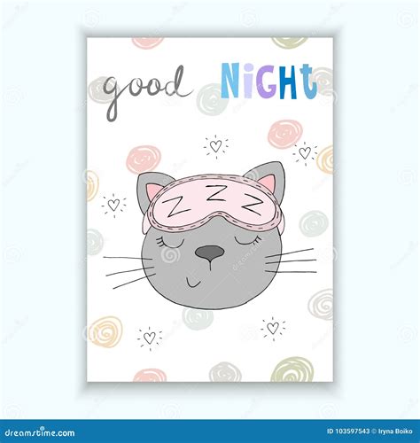 Good Night Vector Card with Funny Cute Cat in Cartoon Style. Vector ...