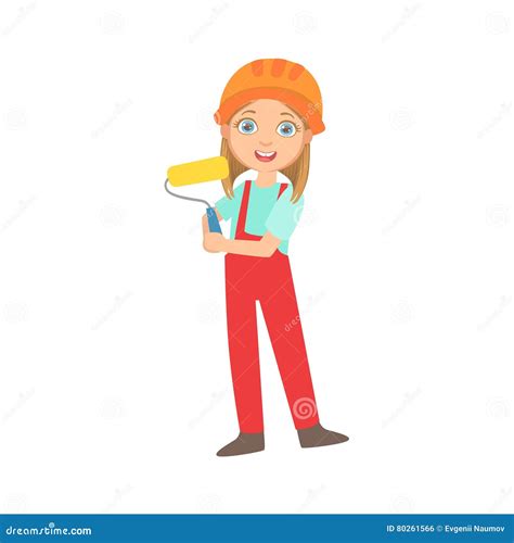 Girl Holding A Painting Roll Kid Dressed As Builder On The