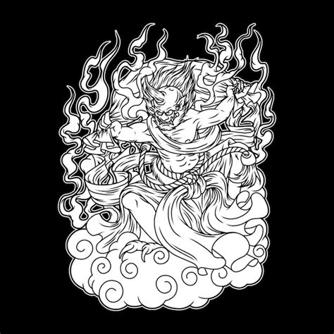 Premium Vector Fujin Japanese Mythology Black And White Illustration