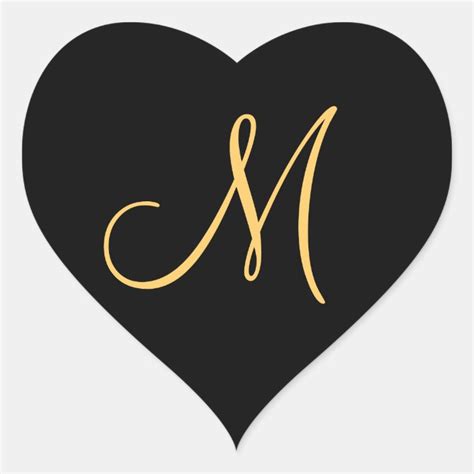 Monogram Gold Coloured Initial M On Black Heart Sticker Zazzle Co Uk