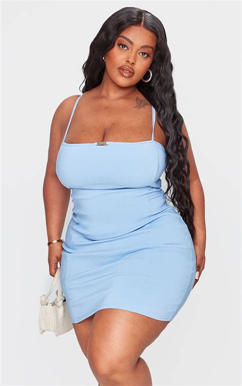 Plus Blue Strappy Metal Trim Detail Bodycon Dress Plus Size Prettylittlething Aus