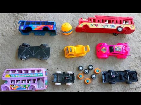 Assemble Double Deckers Bus Blue School Bus Reching Car Mixer Truck