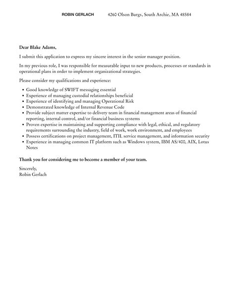 Senior Manager Cover Letter Velvet Jobs