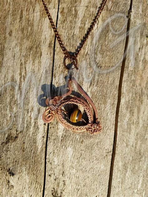 Copper Wire Wrap Tigers Eye Dragon Eye Pendant Necklace From Celtic