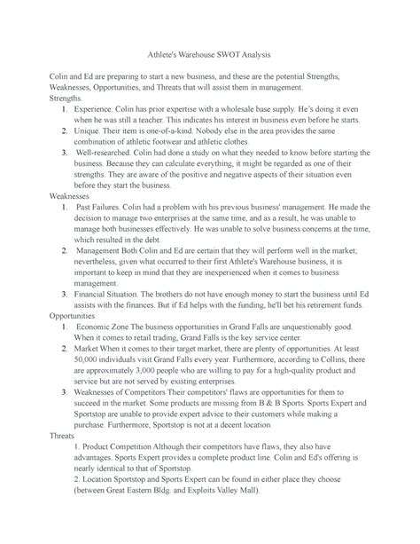 Bus 1101 Written Assignment Unit 5 Athletes Warehouse Swot Analysis