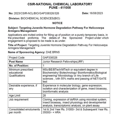 JRF Position In Biochemical Sciences Division Csir Ncl Pune