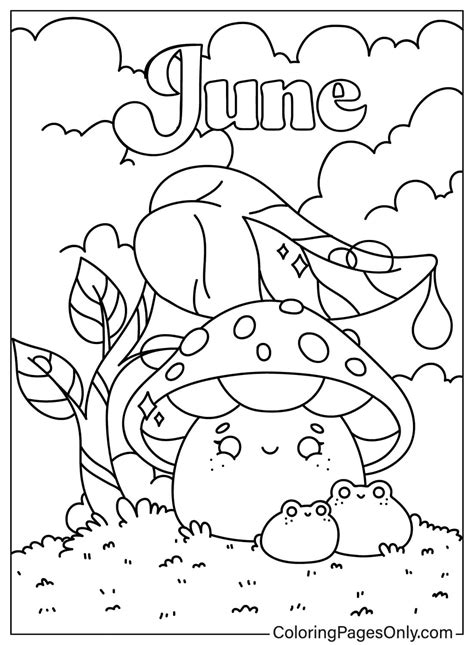 June With Cute Mushrooms And Frogs Free Printable Coloring Pages