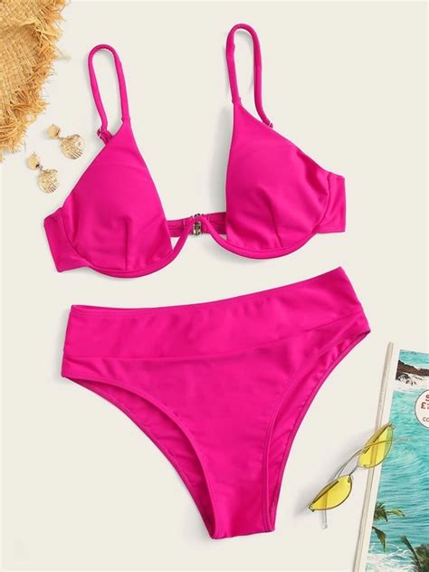 Neon Hot Pink Underwire Bikini Set SHEIN USA Neon Bikinis Bikini