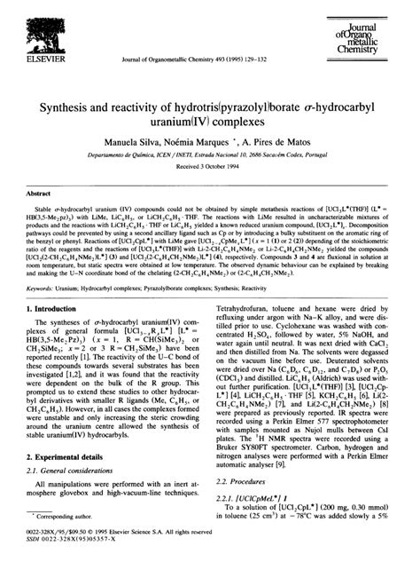 PDF Syntesis And Reactivity Of Hydrotris Pyrazolyl Borate