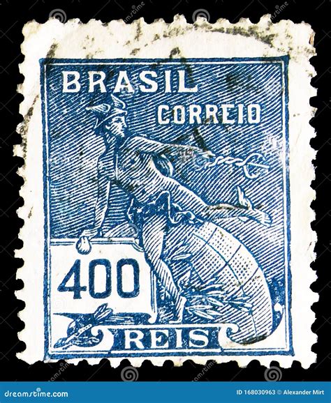 Postage Stamp Printed In Brazil Shows Mercury And Globe Definitives