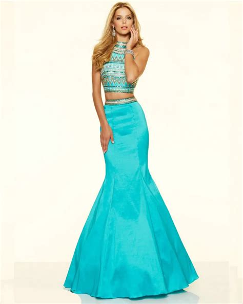 Style 98105 Neon Pink Satin Party Dresses High Neck Blue Mermaid Prom