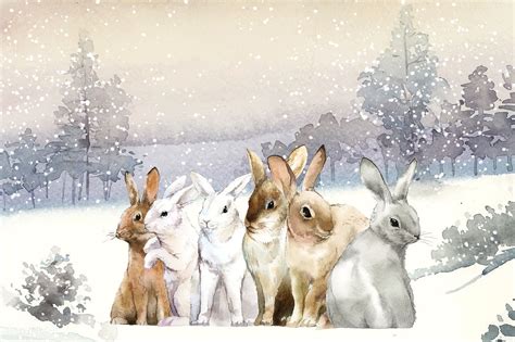 Wild Rabbits In The Winter Snow Painted By Watercolor Vector Free