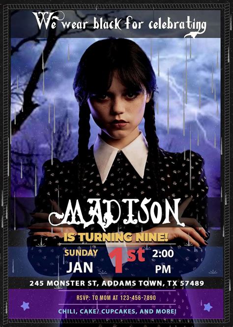 Wednesday Addams Birthday Invitation FREE Backside 24H Ready