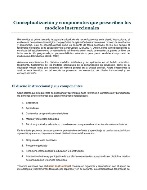 Conceptualización Y Componentes Que Prescriben Los Modelos Instruccionales Conceptualización Y