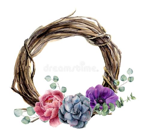 Watercolor Hand Painted Christmas Wreath Of Twig With Pink Bow Wood