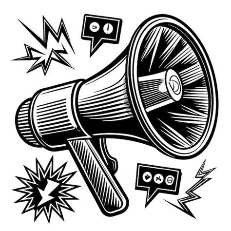 A Black And White Illustration Of A Megaphone With Speech Bubbles And