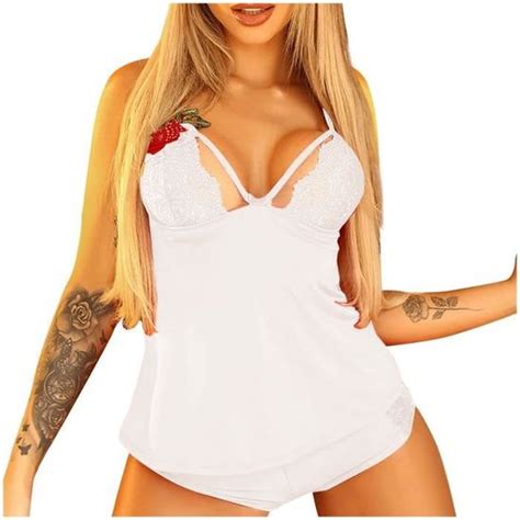 Mesdames Sexy Lingerie Tentation Deep V Dentelle Broderie Rose Pyjama Ensemble L Blanche