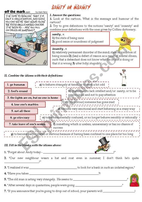 Sanity Or Insanity Esl Worksheet By Catherine Shutik Worksheets Library