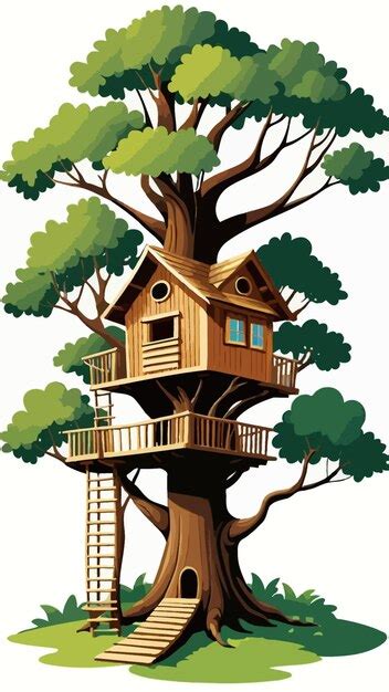 A Drawing Of A Tree House With A Ladder Cartoon Artwork Vector