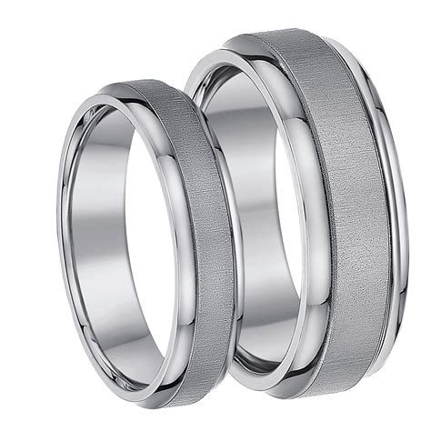 His And Hers Matching Rings Titanium Satin Look Designed Wedding Bands 5