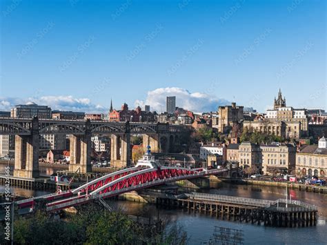 Newcastle upon Tyne quayside with Swing and High Level bridges. Stock ...