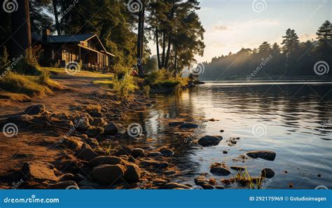 Escena Tranquila Oto O Bosque Reflejo Del Sol Sobre El Agua Generada