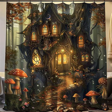 Enchanting Fantasy Fairy House Shower Curtain With Glowing Windows