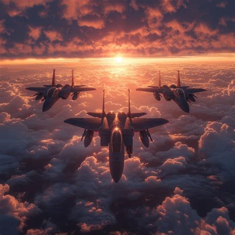 Stunning Formation Of Fighter Jets Over Sunset Clouds Military