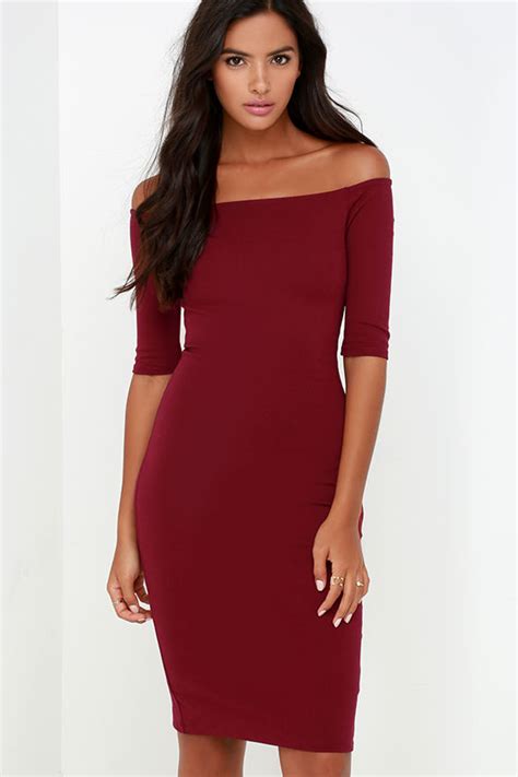 Chic Wine Red Dress Off The Shoulder Dress Midi Dress 52 00 Lulus