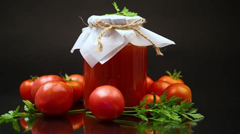 Cooked homemade tomato juice canned in a jar of natural tomatoes ...