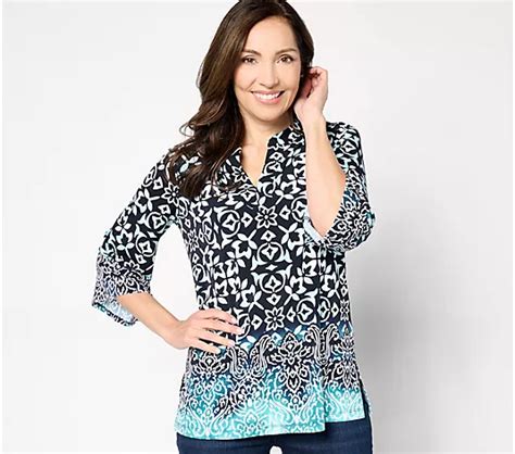 Susan Graver Regular Printed Liquid Knit Split Neck Tunic