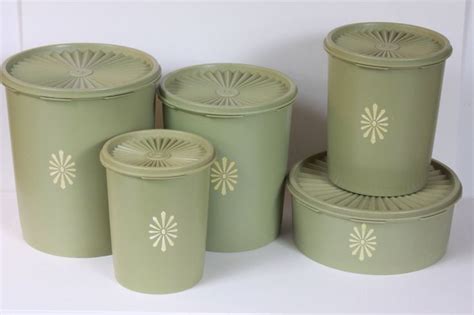 Vintage Green Tupperware Canister Set Of 5 Flour Sugar Coffee Tea And