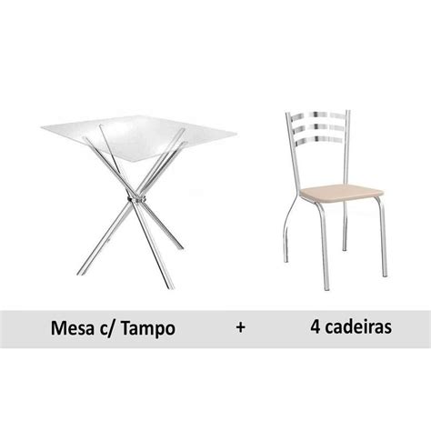 Conjunto Mesa De Cozinha Volga C Tampo De Vidro Cm Cadeiras Portugal Cromada Nude